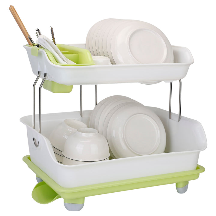 2-Tier Dish Drying Rack — Cutlery Drainer, Holder & Kitchen Storage Shelf (Green & White)