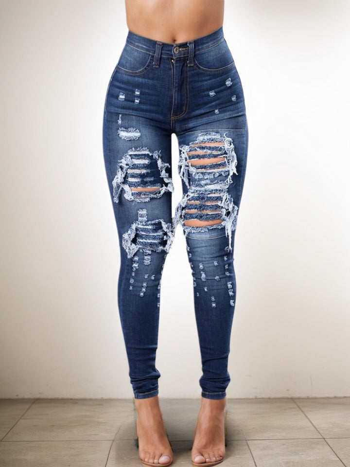 Women’s High-Waisted Stretch Ripped Skinny Jeans – Sculpting Slim Fit