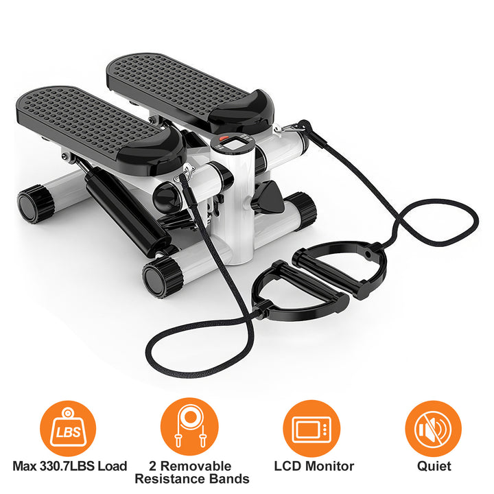 Mini Fitness Stepper — 2 Resistance Bands, LCD Monitor, 330lb Max Load, Quiet Stair Stepper for Home Exercise (Grey)