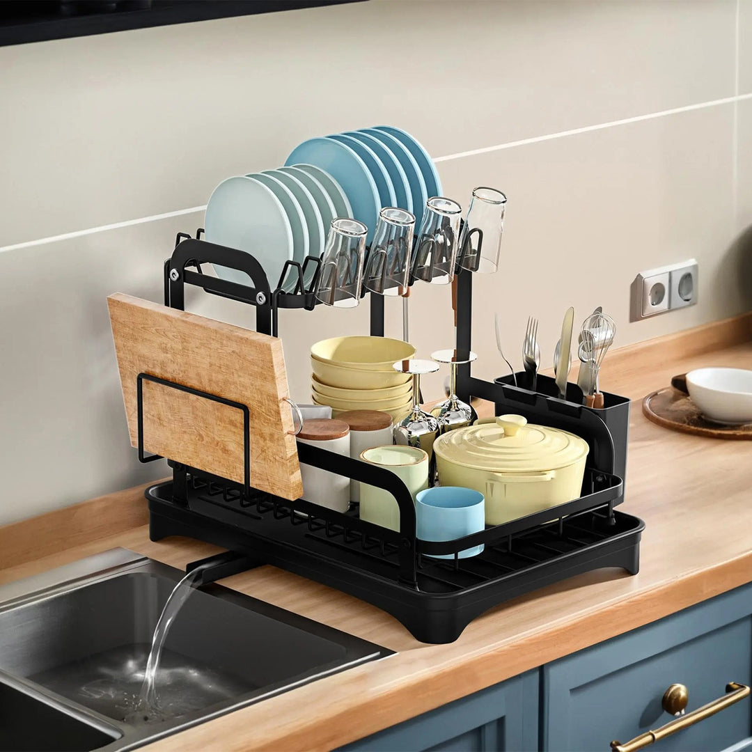 2-Tier Rustproof Dish Drying Rack with Drainboard — Space-Saving Counter Organiser with Utensil Holder, Bowl Rack & Chopping Board Slot