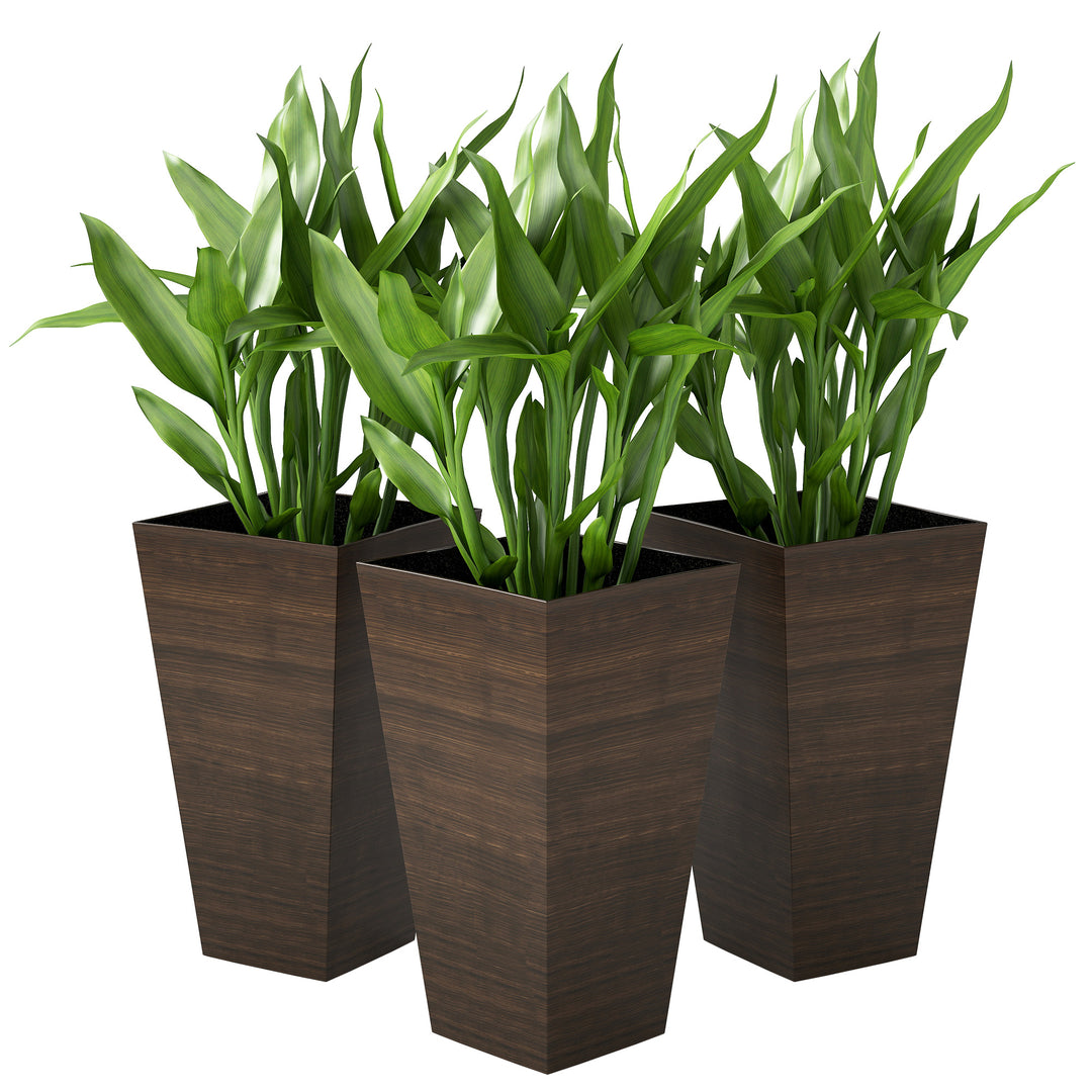 Set of 3 Tall 28in Faux Wood Outdoor Planters — Drainage Holes, Natural Texture Plastic Flower Pots (Brown)