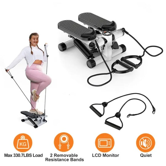 Mini Fitness Stair Stepper for Women — 2 Resistance Bands, LCD Monitor, 330lb Capacity, Quiet Home Cardio Machine (Grey)