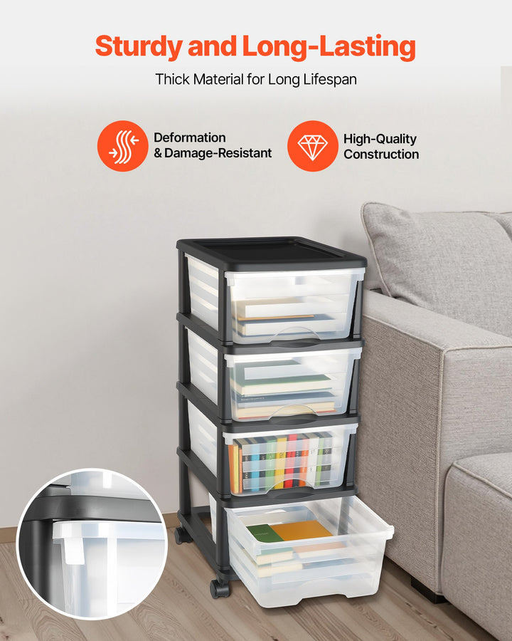 4-Drawer Rolling Storage Cart — Clear Bin Plastic Organizer on Wheels for Office, Craft Room & Classroom