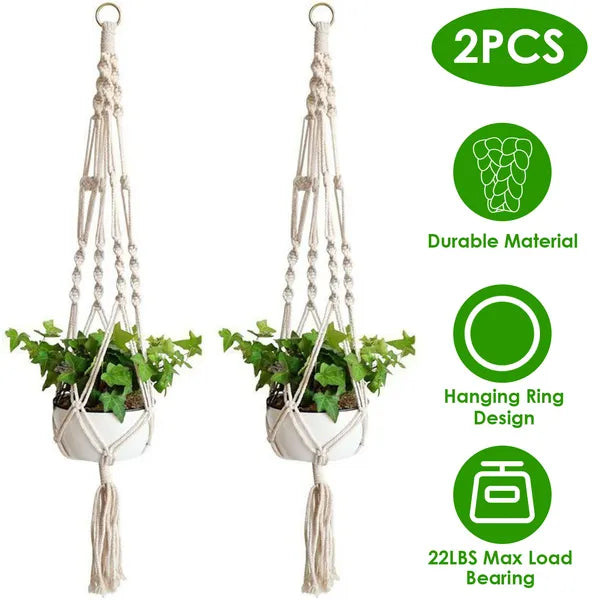 40in Cotton Rope Plant Hangers — Set of 2 or 4, Macramé 4-Leg Hanging Flowerpot Net Bag for Indoor & Outdoor Plants