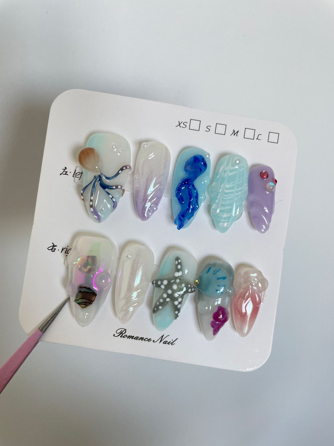 3D Hand-Painted Underwater World Long Press-On Nails — Premium Ocean Design, Almond, Sizes XS–L (Set A)