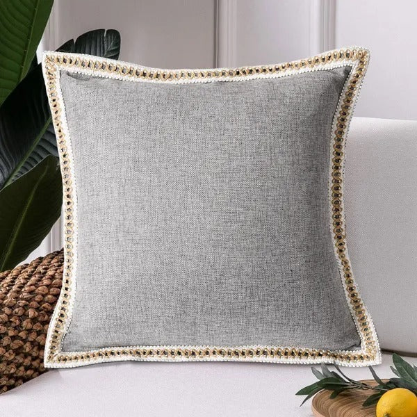 Set of 2 Vintage Linen Trimmed Throw Pillow Covers — Farmhouse Style Cushion Cases for Sofa & Home