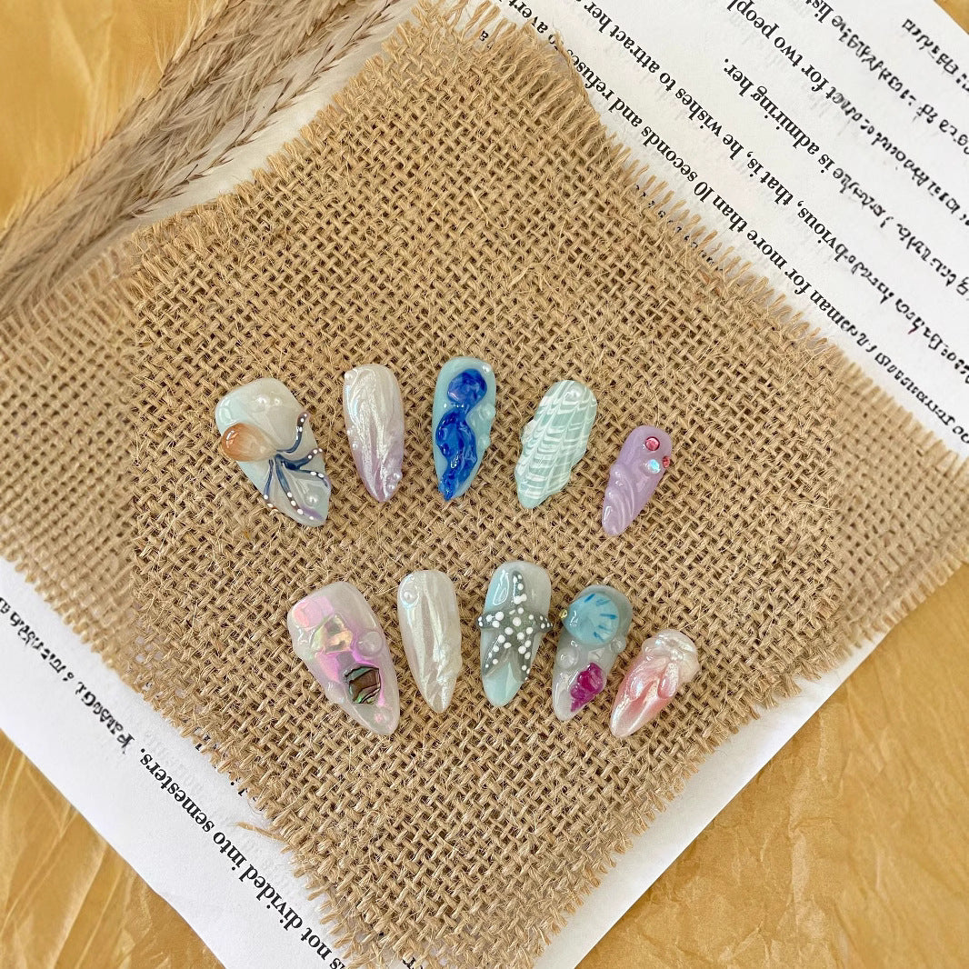 3D Hand-Painted Underwater World Long Press-On Nails — Premium Ocean Design, Almond, Sizes XS–L (Set A)