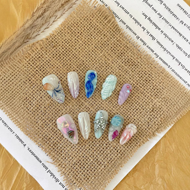 3D Hand-Painted Underwater World Long Press-On Nails — Premium Ocean Design, Almond, Sizes XS–L (Set A)