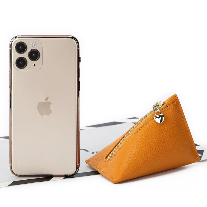 Genuine Leather Triangle Coin Purse – Compact Zipper Key Pouch