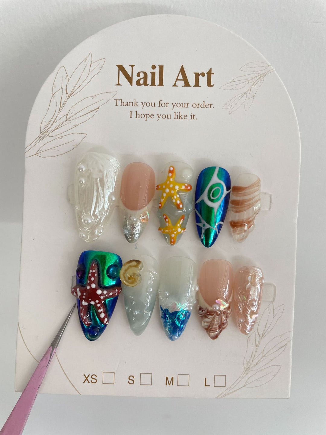 3D Hand-Painted Underwater World Long Press-On Nails — Almond Shape, Ocean Motif, Sizes XS–L (Set B)