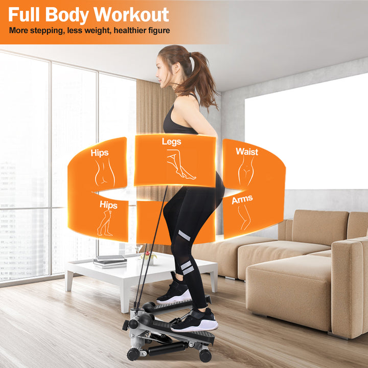 Mini Fitness Stepper — 2 Resistance Bands, LCD Monitor, 330lb Max Load, Quiet Stair Stepper for Home Exercise (Grey)