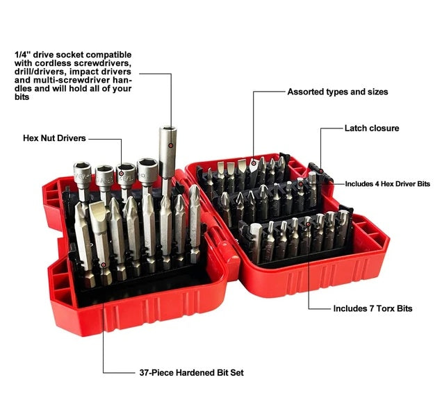 37-Piece Impact Screwdriver Bit Set — Nut Driver, Torx, Phillips, Magnetic Drill Bits (Gray)