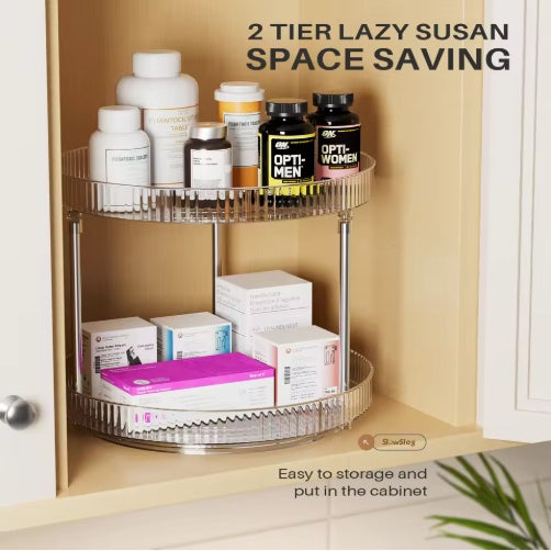 2-Pack Double-Layer Rotating Spice Rack — Turntable Spinning Organizer for Kitchen Countertop & Cabinet (Transparent)