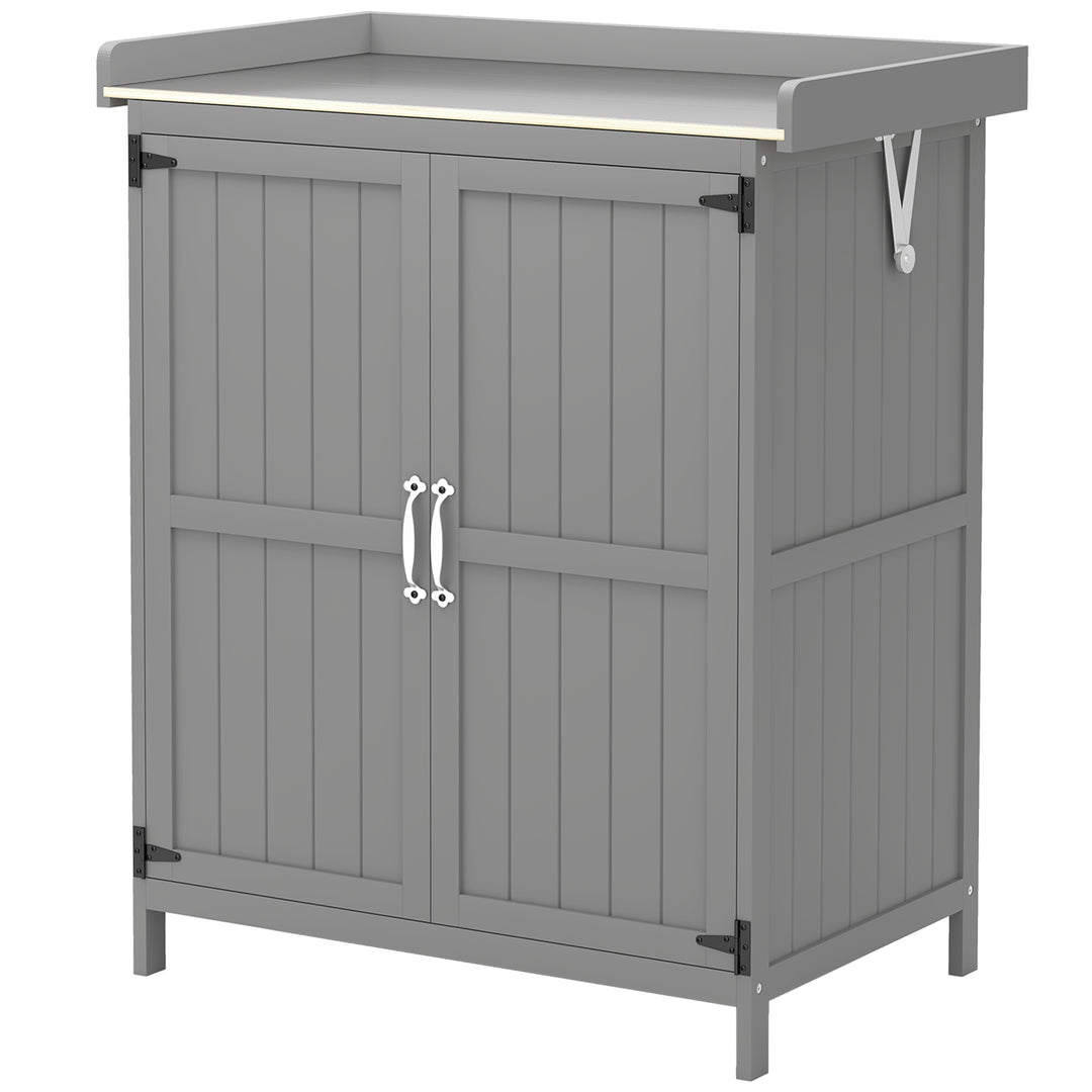 Outdoor Potting Bench & Garden Storage Cabinet — Metal Tabletop, Shelf & 2-Door Wooden Cabinet (Gray)