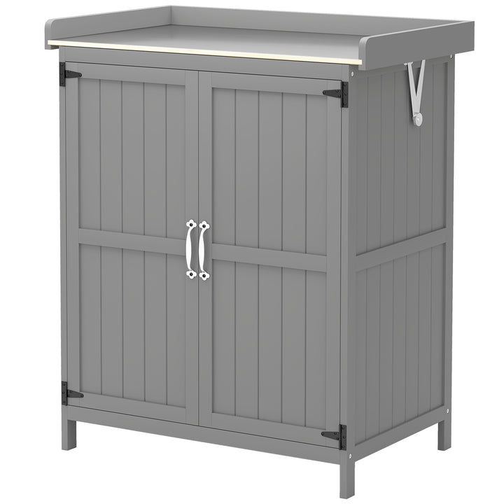 Outdoor Potting Bench & Garden Storage Cabinet — Metal Tabletop, Shelf & 2-Door Wooden Cabinet (Gray)