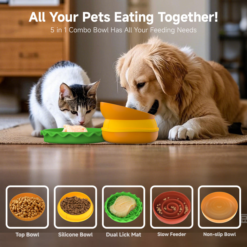 Hamburger Multi-Layer Pet Bowl – 5-in-1 Interactive Cat &amp; Dog Feeding Set