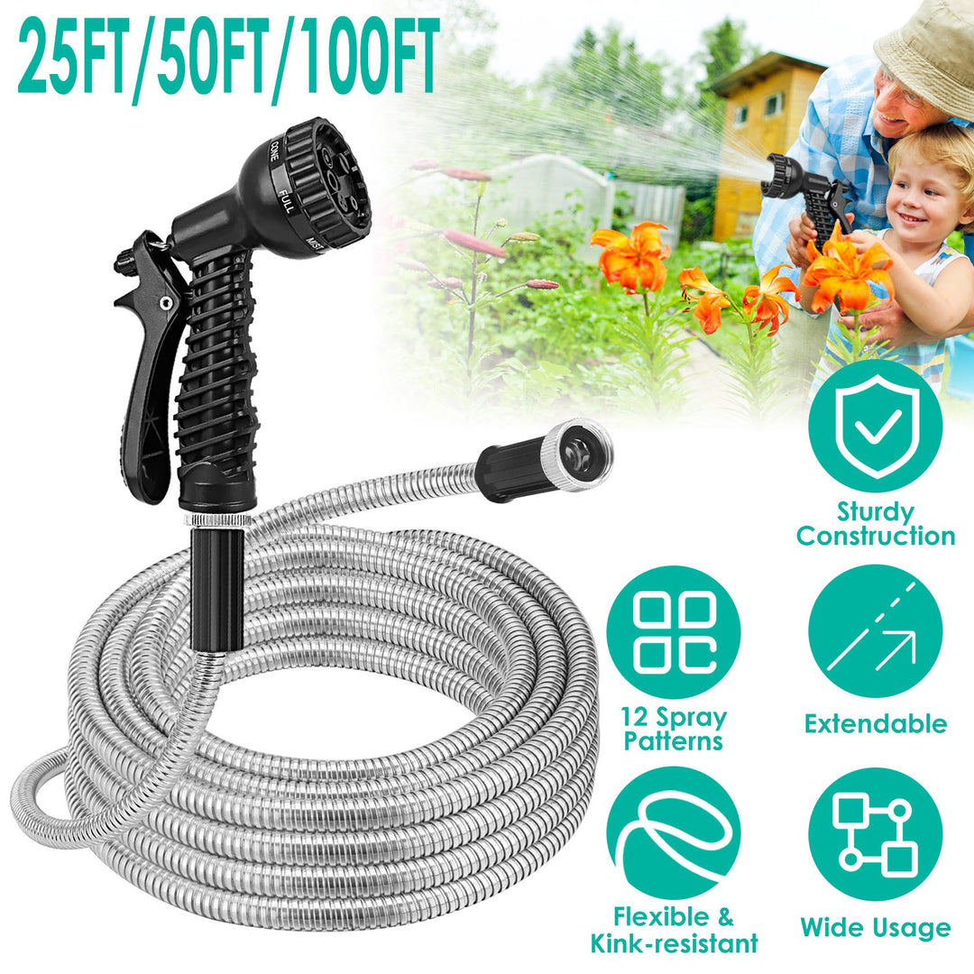 Heavy Duty Stainless Steel Garden Hose Kit — 25ft / 50ft / 100ft, Kink-Free, 12-Pattern Nozzle, Dog-Proof (2 Nozzles)