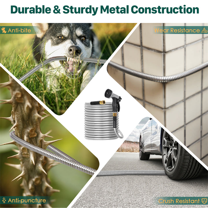 100ft Stainless Steel Metal Garden Hose — Flexible, Kink-Free, with 10-Pattern Spray Nozzle & 2 Nozzles