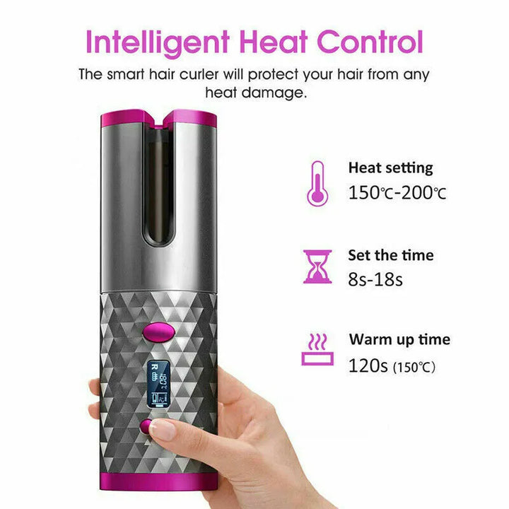 LCD Cordless Auto-Rotating Ceramic Hair Curler — Wireless Waver Curling Iron