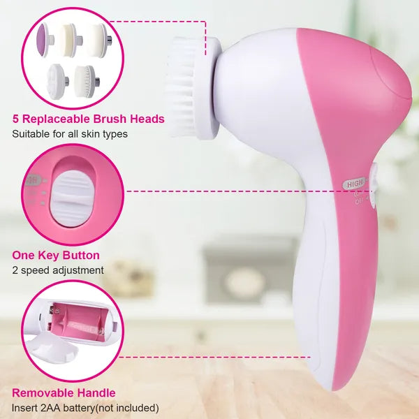 Waterproof Electric Facial Cleansing Spin Brush — 5 Interchangeable Brush Heads for Women (Pink)