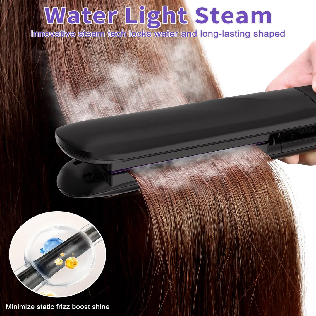 Professional Titanium Steam Flat Iron — 24-Hour Anti-Frizz, 300M Negative Ions, Smooth & Shine (Purple)