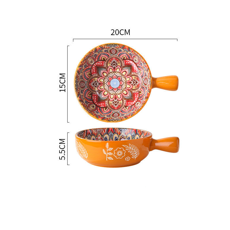 Glazed Salad & Dessert Bowl with Handle — Household Ceramic Serving Bowl (Blue, Green & Red Glaze)