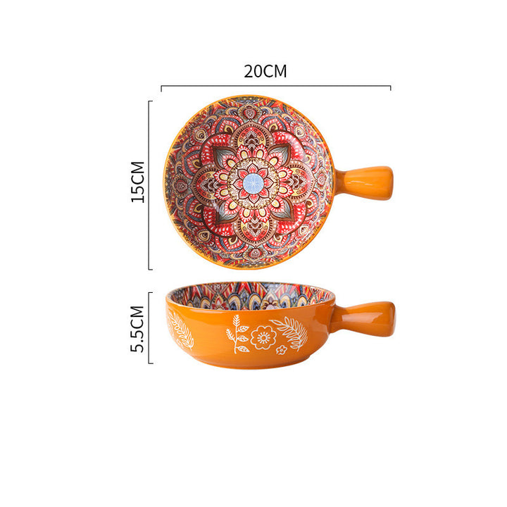 Glazed Salad & Dessert Bowl with Handle — Household Ceramic Serving Bowl (Blue, Green & Red Glaze)