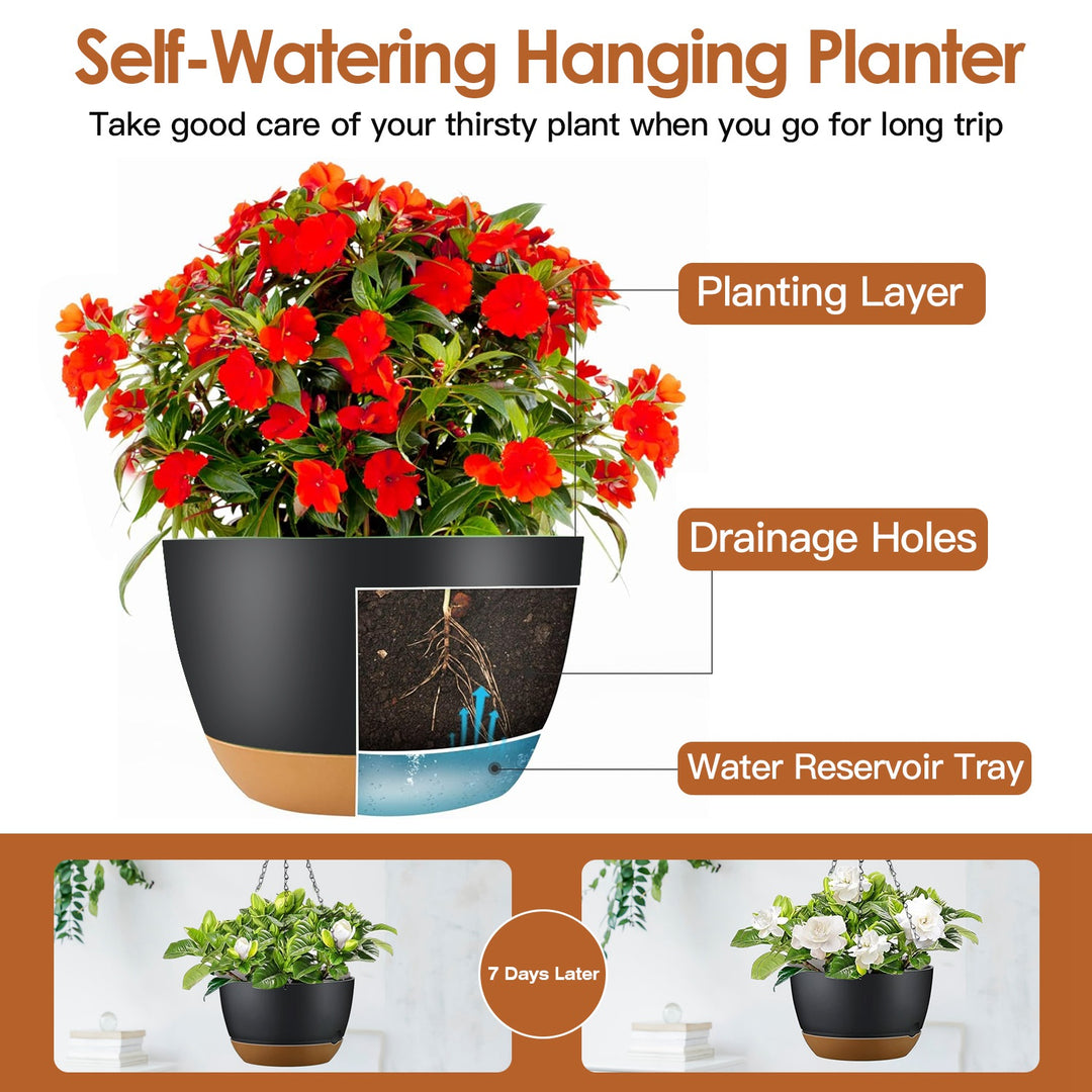 4-Pack 9.64in Hanging Planters — Self-Watering Tray, Drainage Holes, for Indoor & Outdoor Herbs, Ivy & Ferns (Grey)