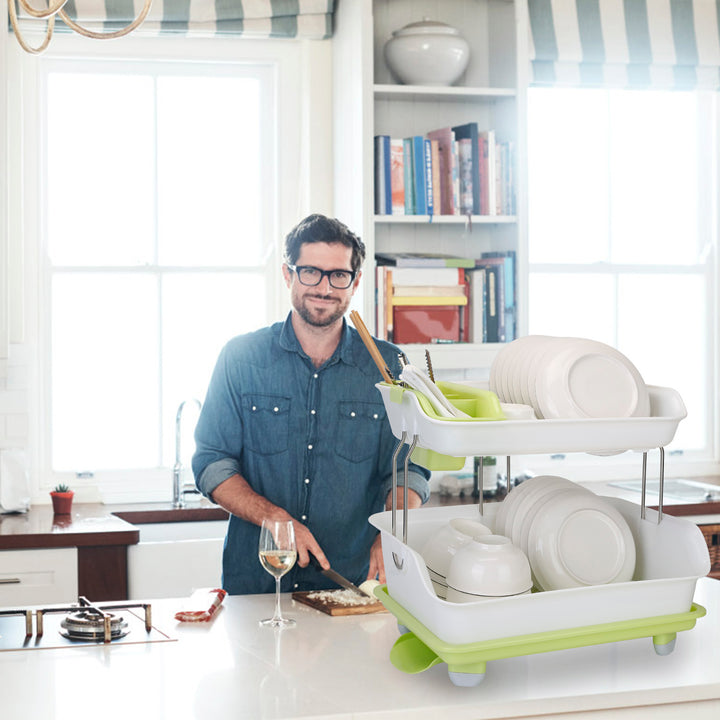 2-Tier Dish Drying Rack — Cutlery Drainer, Holder & Kitchen Storage Shelf (Green & White)