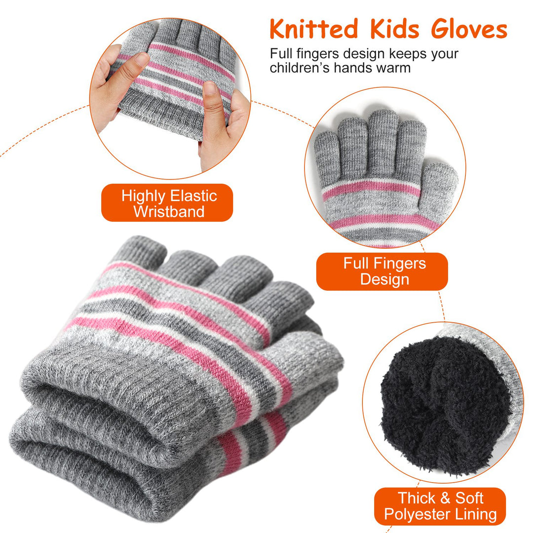 Kids Winter Knitted Hat, Scarf & Gloves Set — 3-Piece Warm Beanie, Neck Warmer & Mittens for Boys & Girls Age 4–7 (Orange/Purple)