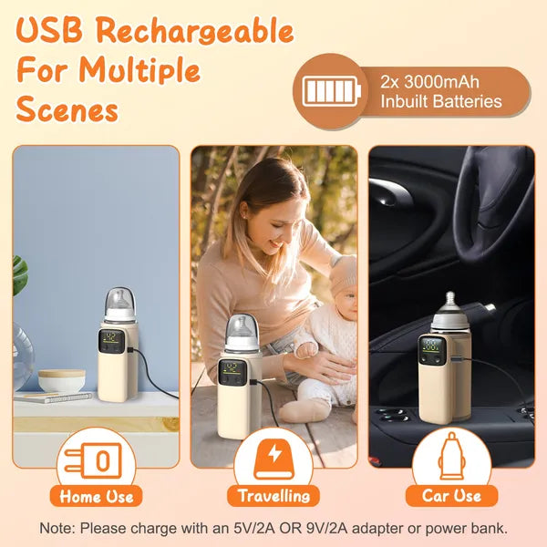 Portable Baby Bottle Warmer with Night Light — 6-Level Milk & Formula Warmer for Home & Travel (Beige)