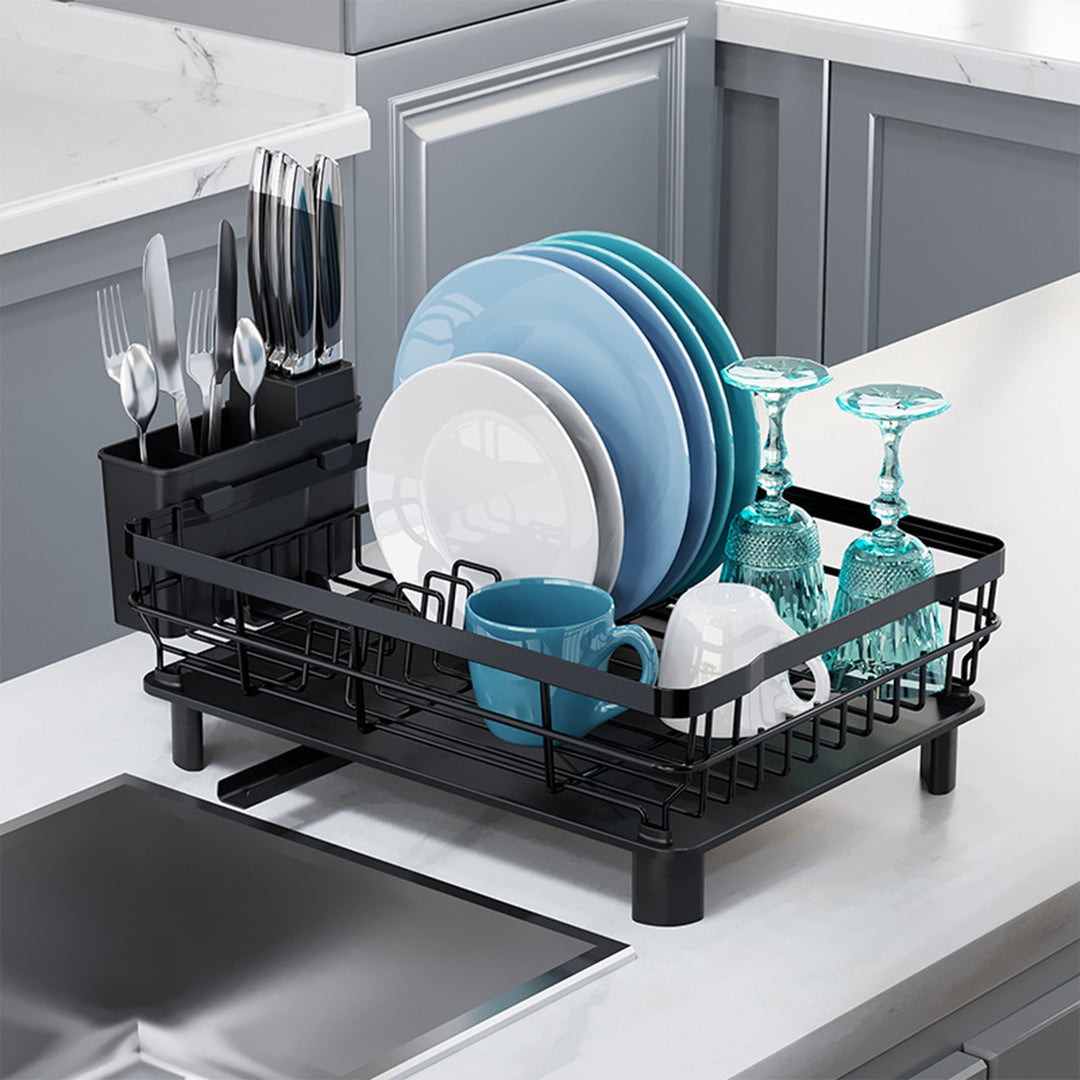 Dish Drying Rack with Drain Board — Utensil Holder & Tableware Organizer for Kitchen Countertop (Black)