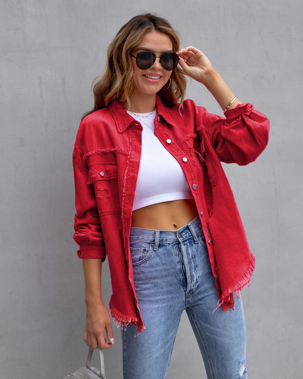 Women's Oversized Ripped Shacket – Casual Distressed Shirt Jacket for Fall & Spring