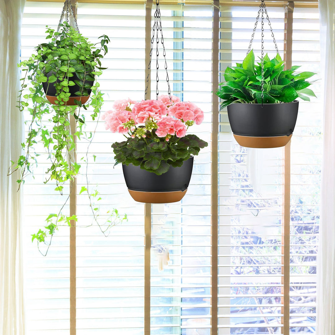 4-Pack 9.64in Hanging Planters — Self-Watering Tray, Drainage Holes, for Indoor & Outdoor Herbs, Ivy & Ferns (Grey)