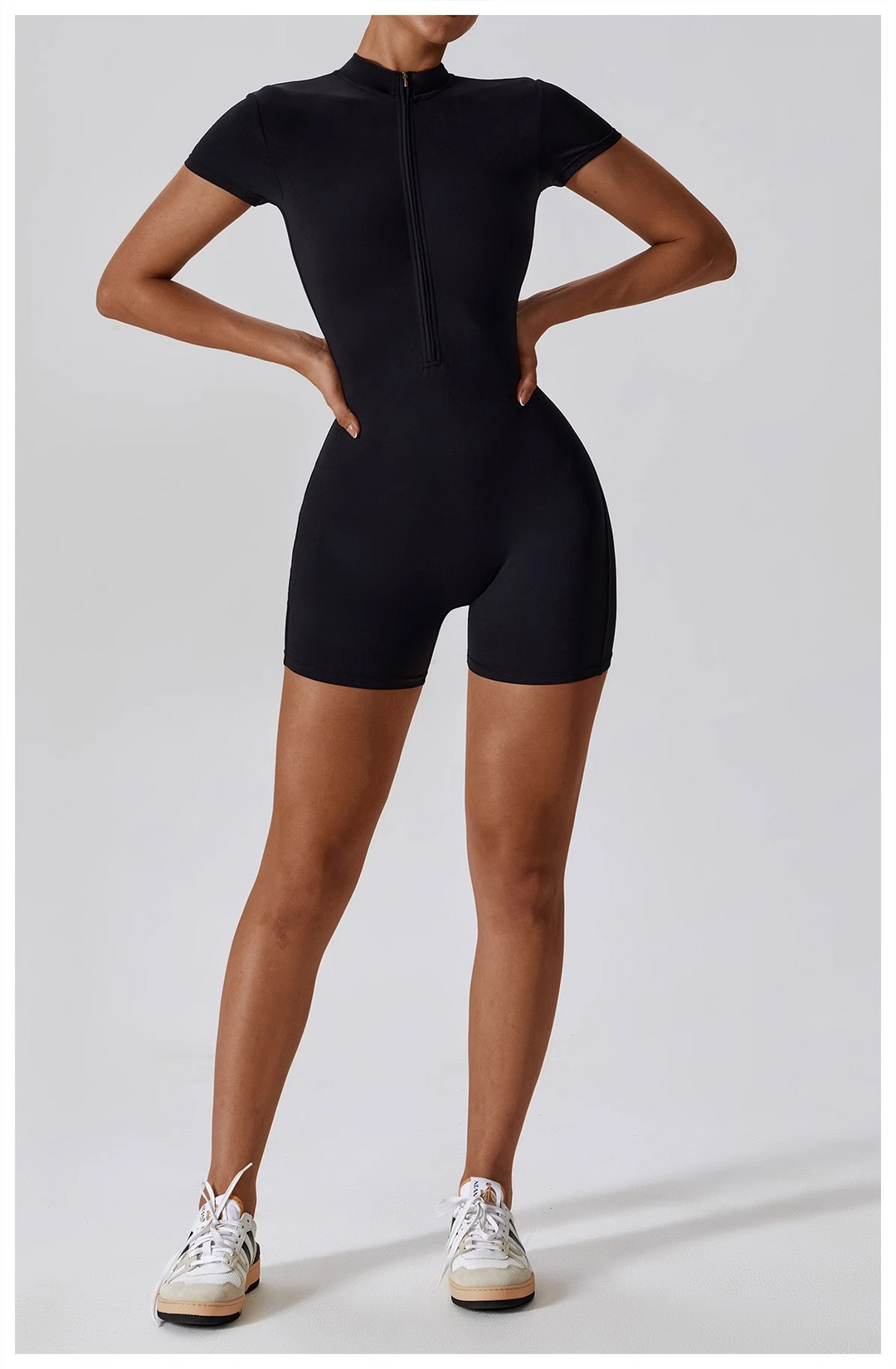 Women's Zip-Up Yoga Bodysuit – Short Sleeve One-Piece Workout Outfit