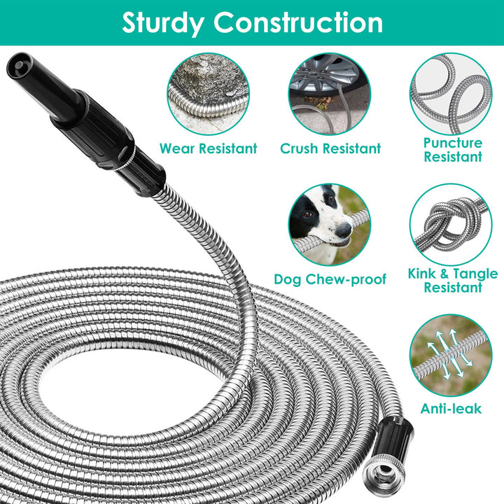 Heavy Duty Stainless Steel Garden Hose Kit — 25ft / 50ft / 100ft, Kink-Free, 12-Pattern Nozzle, Dog-Proof (2 Nozzles)