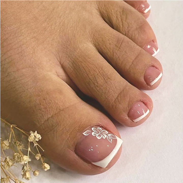 24PCS White Flowers Press On Toenails, French Tip Short Square Fake Toe Nails Full Cover ,Glue On Toenails Floral Designs False Toe Nails For Women Stick On Toenails