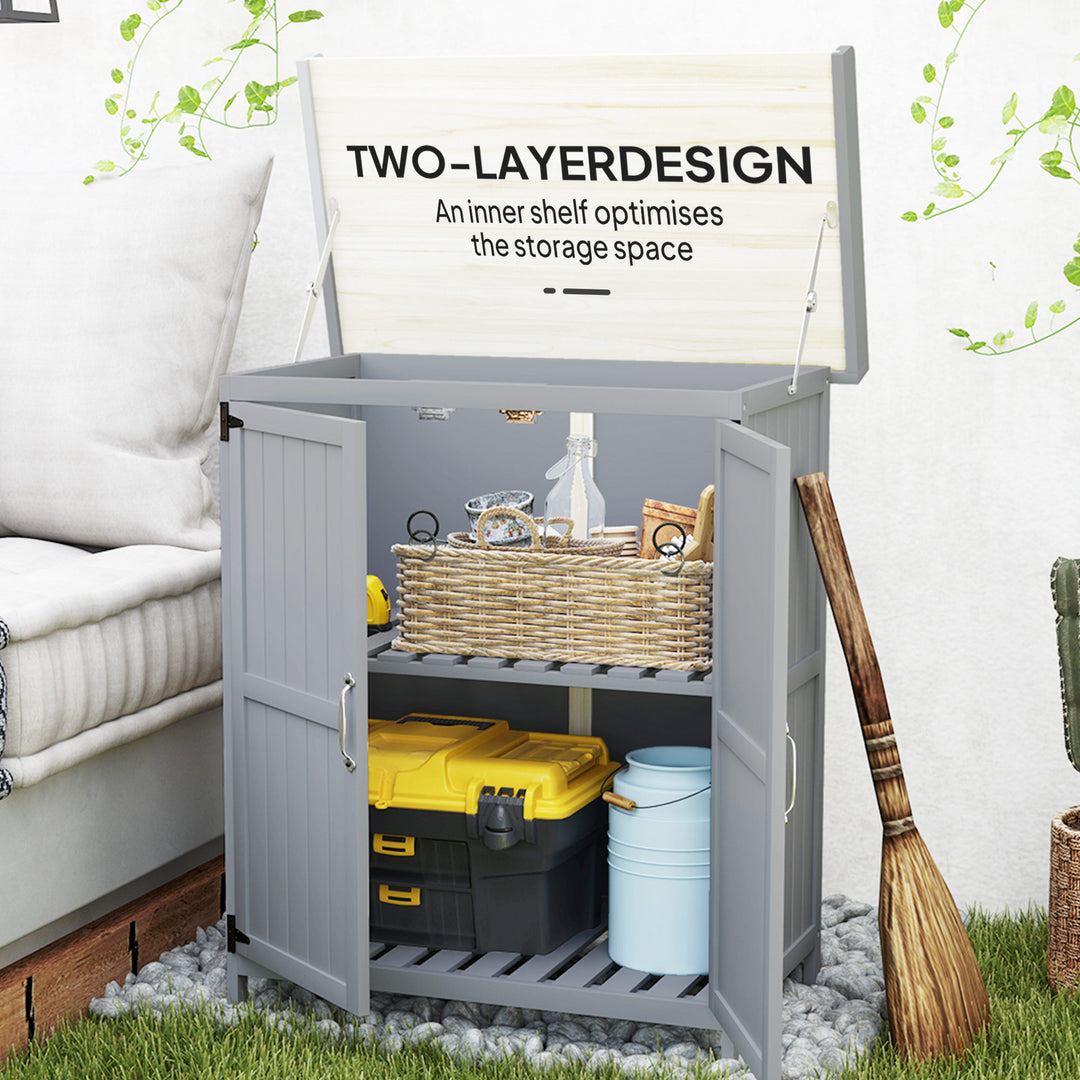 Outdoor Potting Bench & Garden Storage Cabinet — Metal Tabletop, Shelf & 2-Door Wooden Cabinet (Gray)