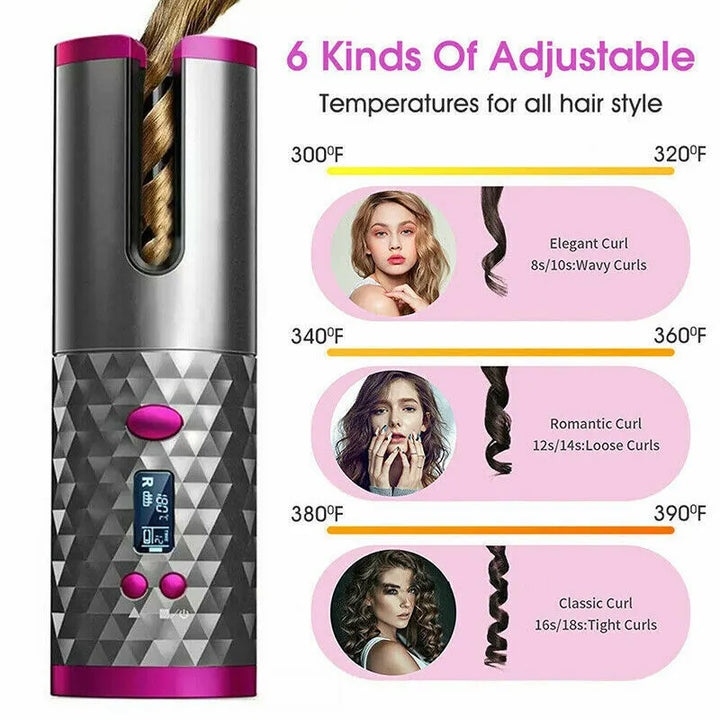 LCD Cordless Auto-Rotating Ceramic Hair Curler — Wireless Waver Curling Iron