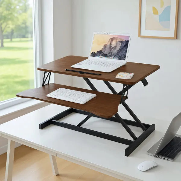 32in Sit-to-Stand Desk Converter — Height Adjustable Riser, Dual Monitor & Laptop Workstation with Keyboard Tray (Walnut)