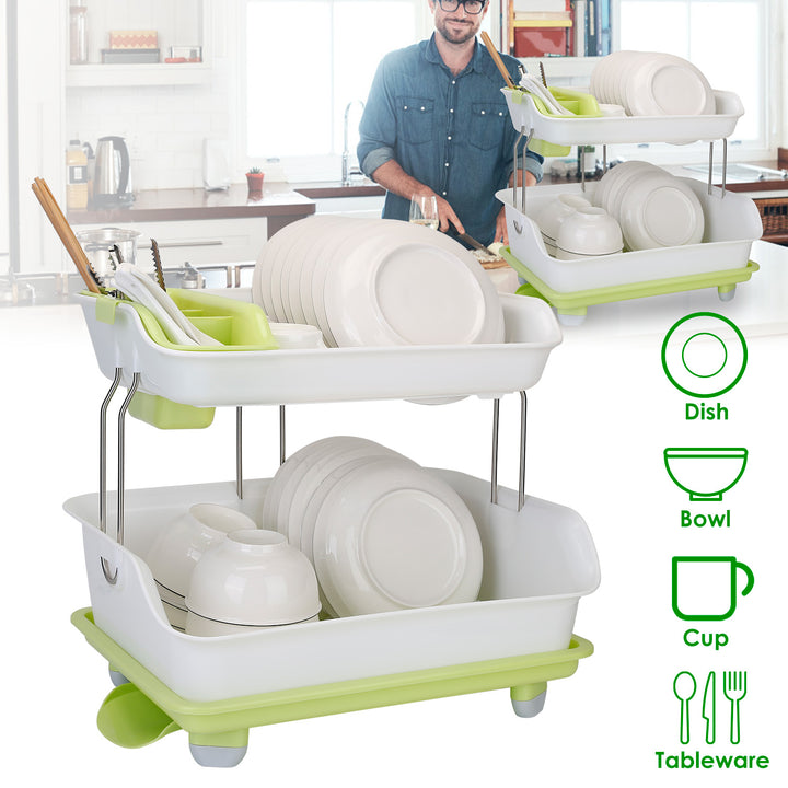2-Tier Dish Drying Rack — Cutlery Drainer, Holder & Kitchen Storage Shelf (Green & White)