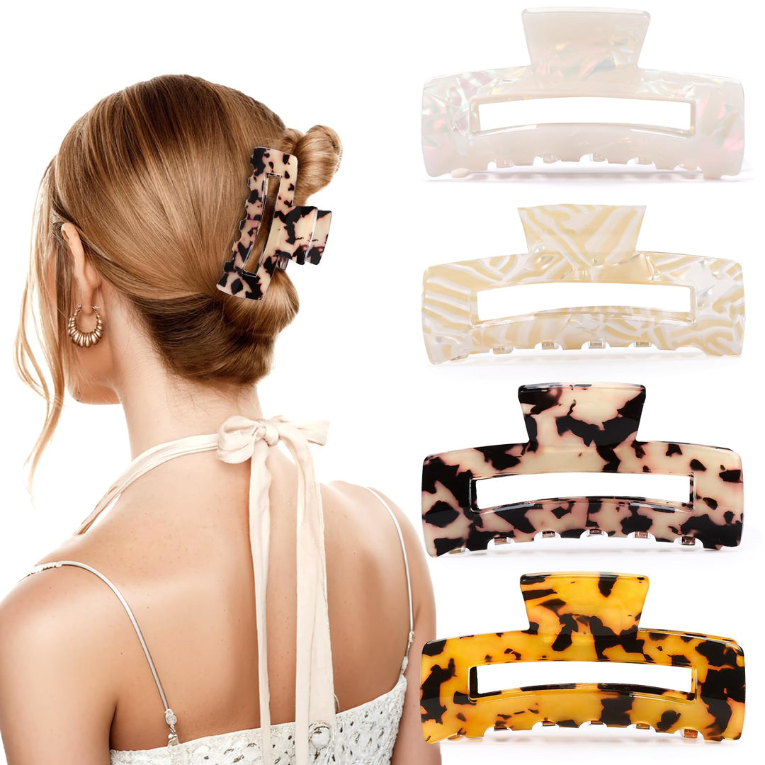 4-Piece Tortoise Acetate Hair Claw Clips — 3.15 Inch French Banana Jaw Clips, Strong Hold for Thick & Thin Hair