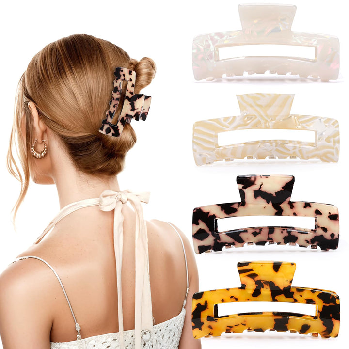 4-Piece Tortoise Acetate Hair Claw Clips — 3.15 Inch French Banana Jaw Clips, Strong Hold for Thick & Thin Hair
