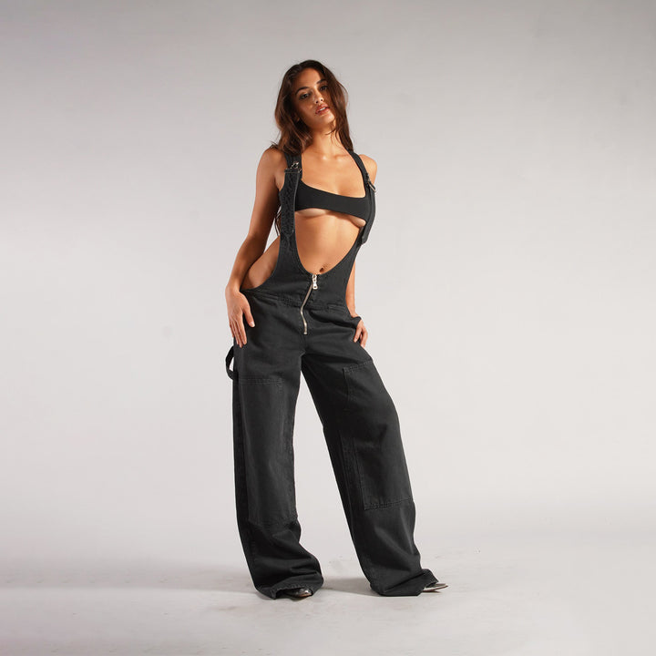 Women's Y2K Denim Overalls – Loose Fit Zipper Suspender Jumpsuit Streetwear