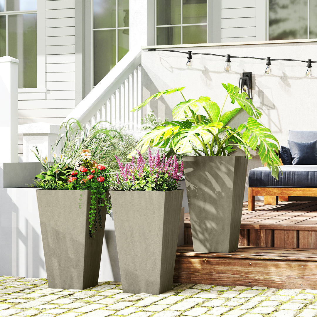 Set of 3 Grande 28in Tall Outdoor Planters — Tapered with Drainage Holes, Front Porch & Patio Décor (Grey)