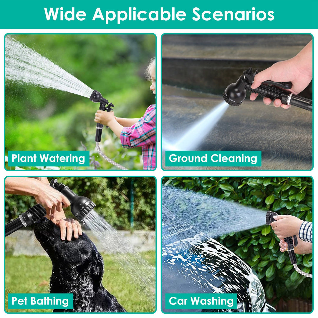Heavy Duty Stainless Steel Garden Hose Kit — 25ft / 50ft / 100ft, Kink-Free, 12-Pattern Nozzle, Dog-Proof (2 Nozzles)