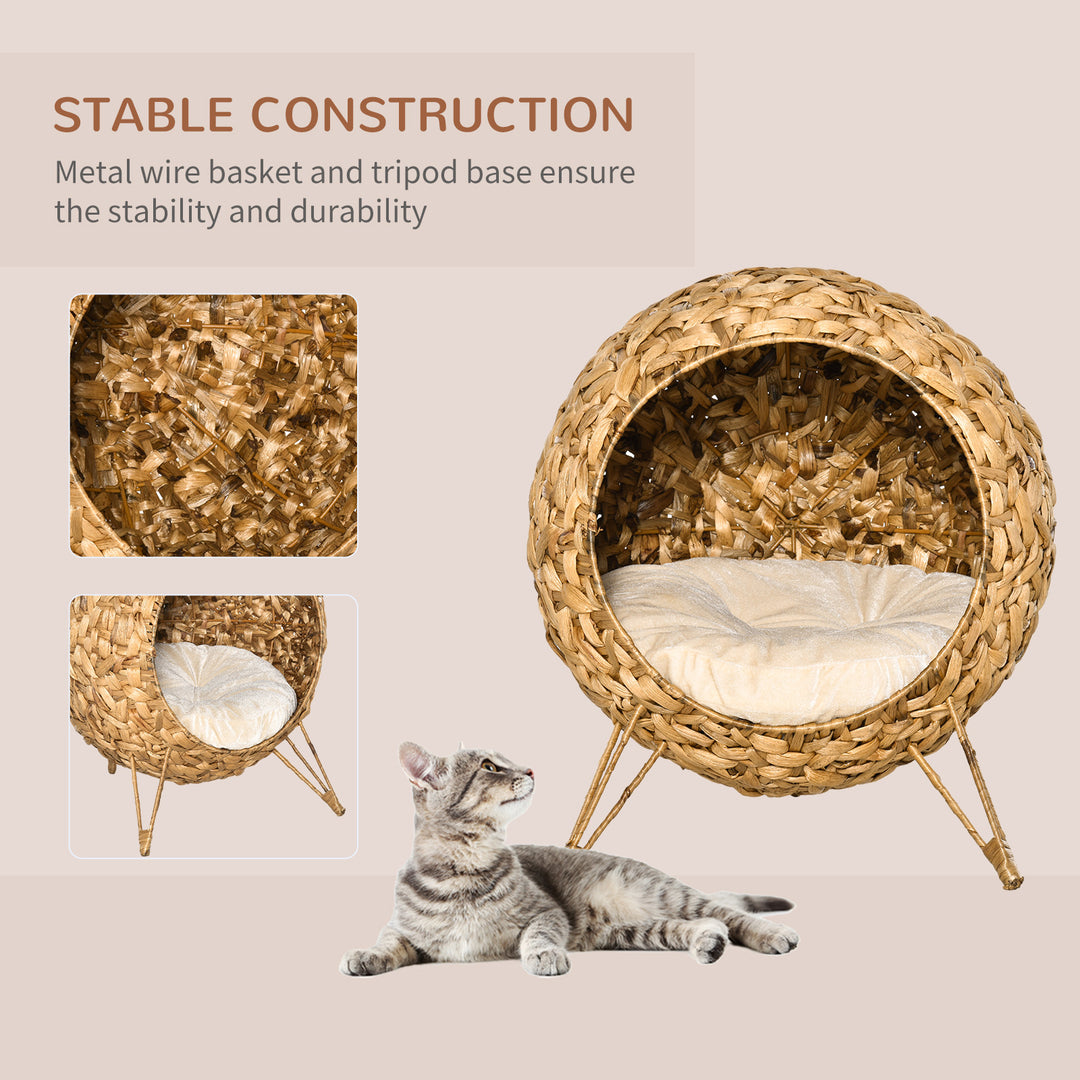 20.5" Weaved Cat Bed, Elevated Hand-woven Braided Banana Leaf Kitten House Condo with Cushion, Natural