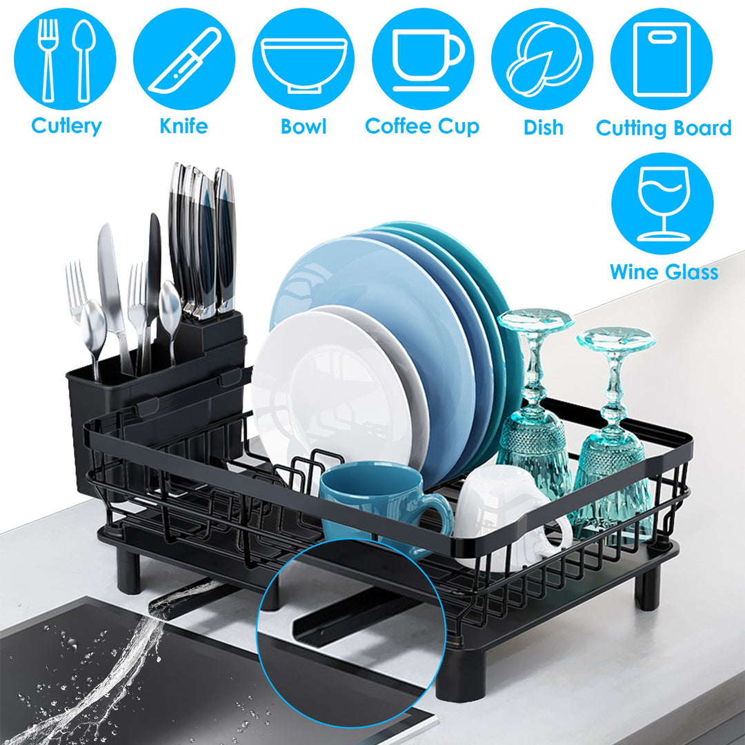 Dish Drying Rack with Drain Board — Utensil Holder & Tableware Organizer for Kitchen Countertop (Black)