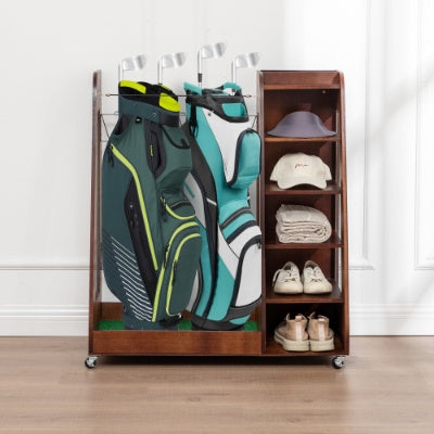Premium Wooden Golf Bag Organizer — 2-Bag Storage Rack for Garage, Shed, Car & Basement (Black/Brown)