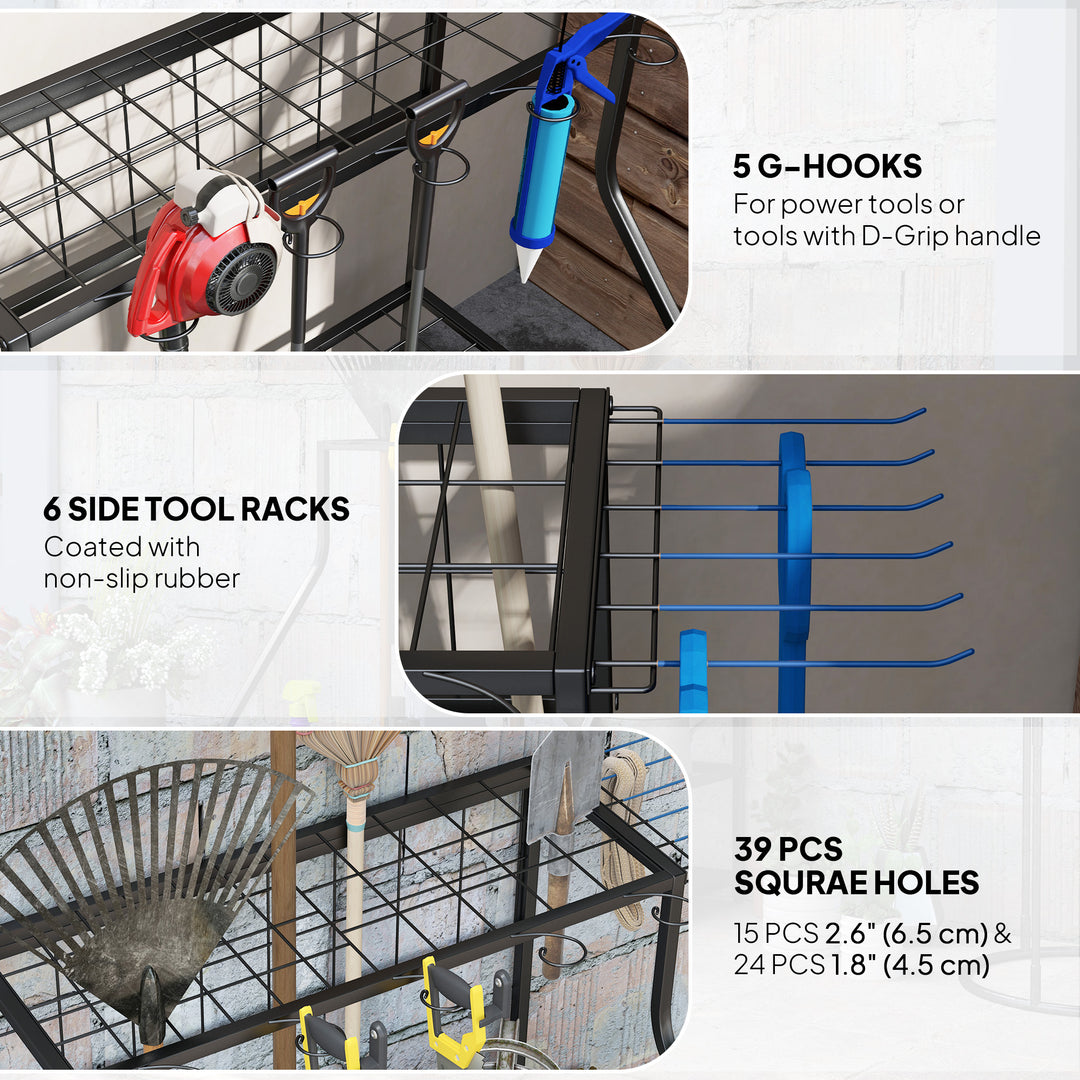 3-Tier Garden Tool Storage Rack — Wall-Mount Organiser with Hooks for Long-Handled Tools, Brooms & Shovels (Blue)